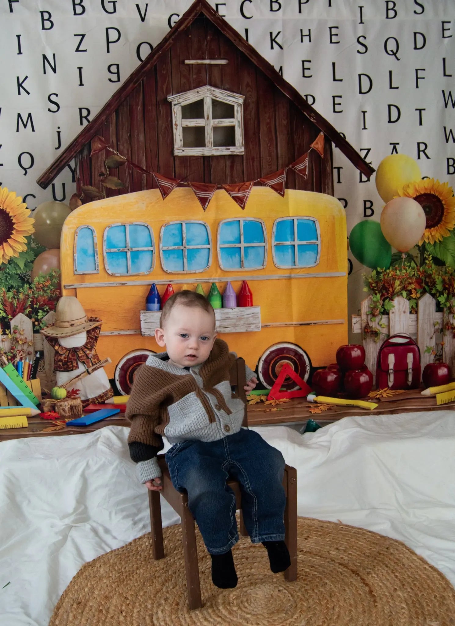 Kate Back to School Yellow Bus Sunflowers Alphabet Barn Printed Backdrop Designed by Emetselch
