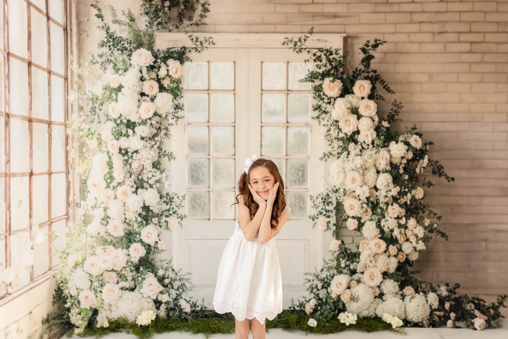 Kate Spring Flower Arch French Doors Beige Wall Printed Backdrop Designed by Emetselch