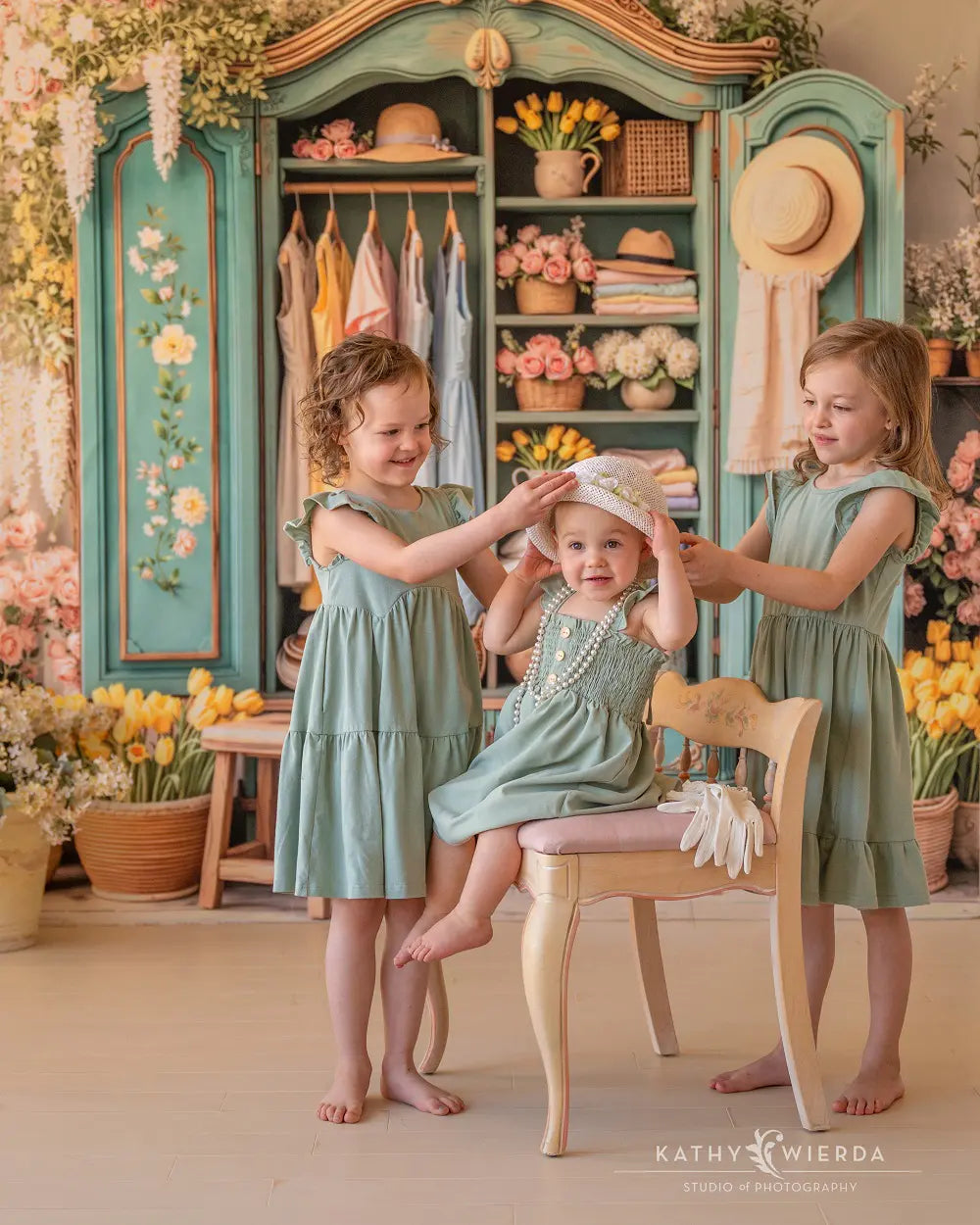 Kate Spring Cabinet Flowers Dresses Teal Printed Backdrop Designed by Emetselch