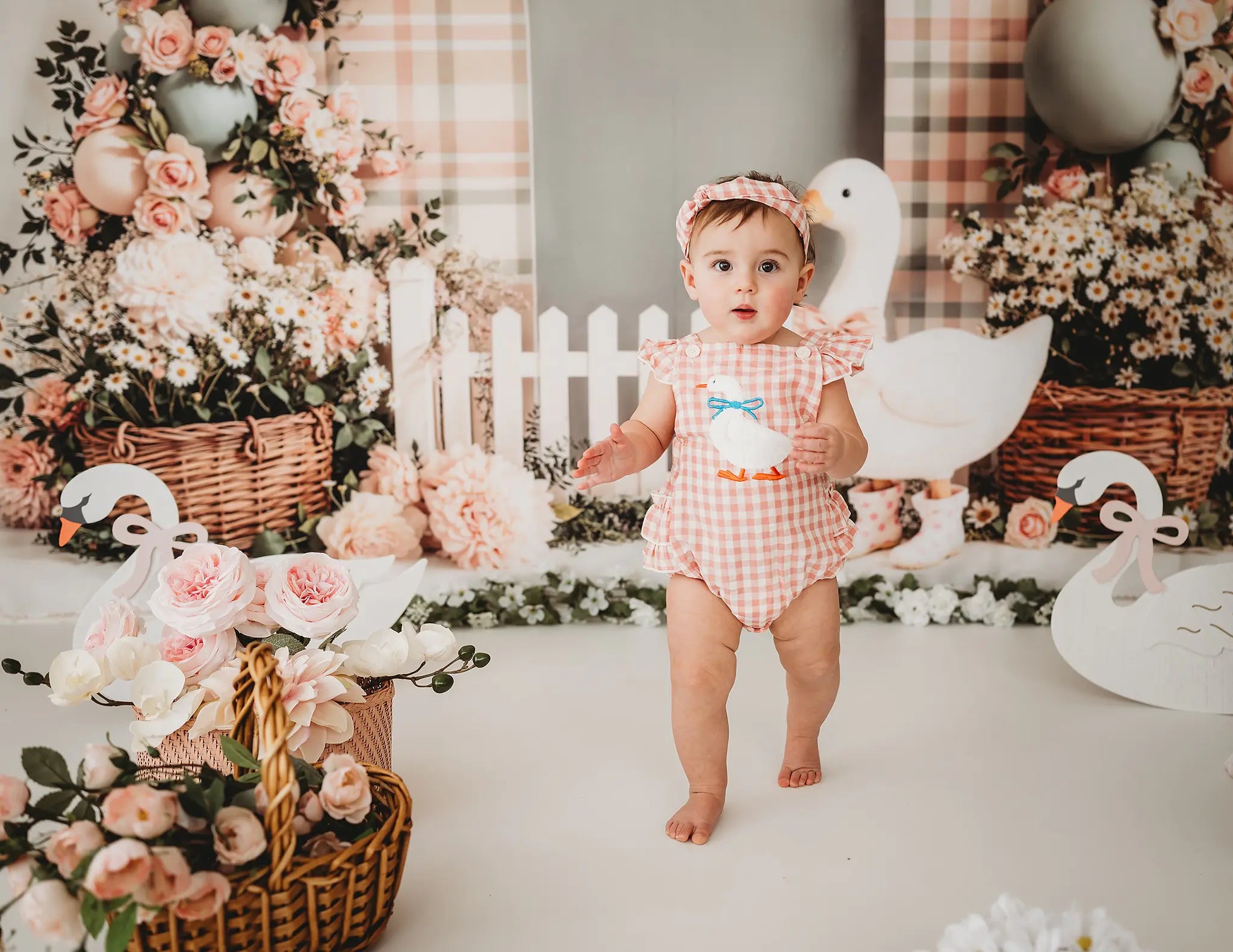 Kate Cake Smash Silly Goose Flower Arch Plaid Balloons Picket Fence Backdrop Designed by Emetselch