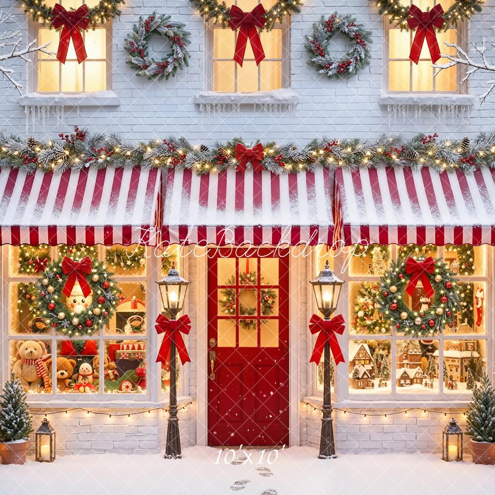 Kate Christmas Holiday Shop Front Red Awning Wreaths Snow Backdrop Designed by Emetselch