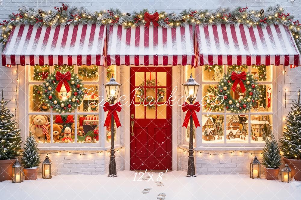 Kate Christmas Holiday Shop Front Red Awning Wreaths Snow Backdrop Designed by Emetselch