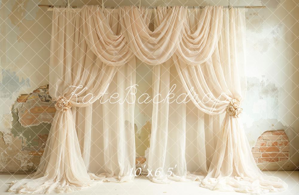 Kate Elegant Beige Draped Curtains Vintage Wall Printed Backdrop Designed by Emetselch