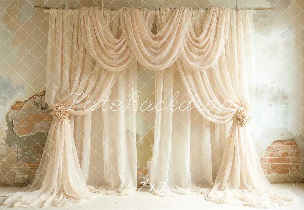 Kate Elegant Beige Draped Curtains Vintage Wall Printed Backdrop Designed by Emetselch