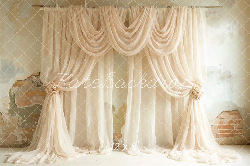 Kate Elegant Beige Draped Curtains Vintage Wall Printed Backdrop Designed by Emetselch