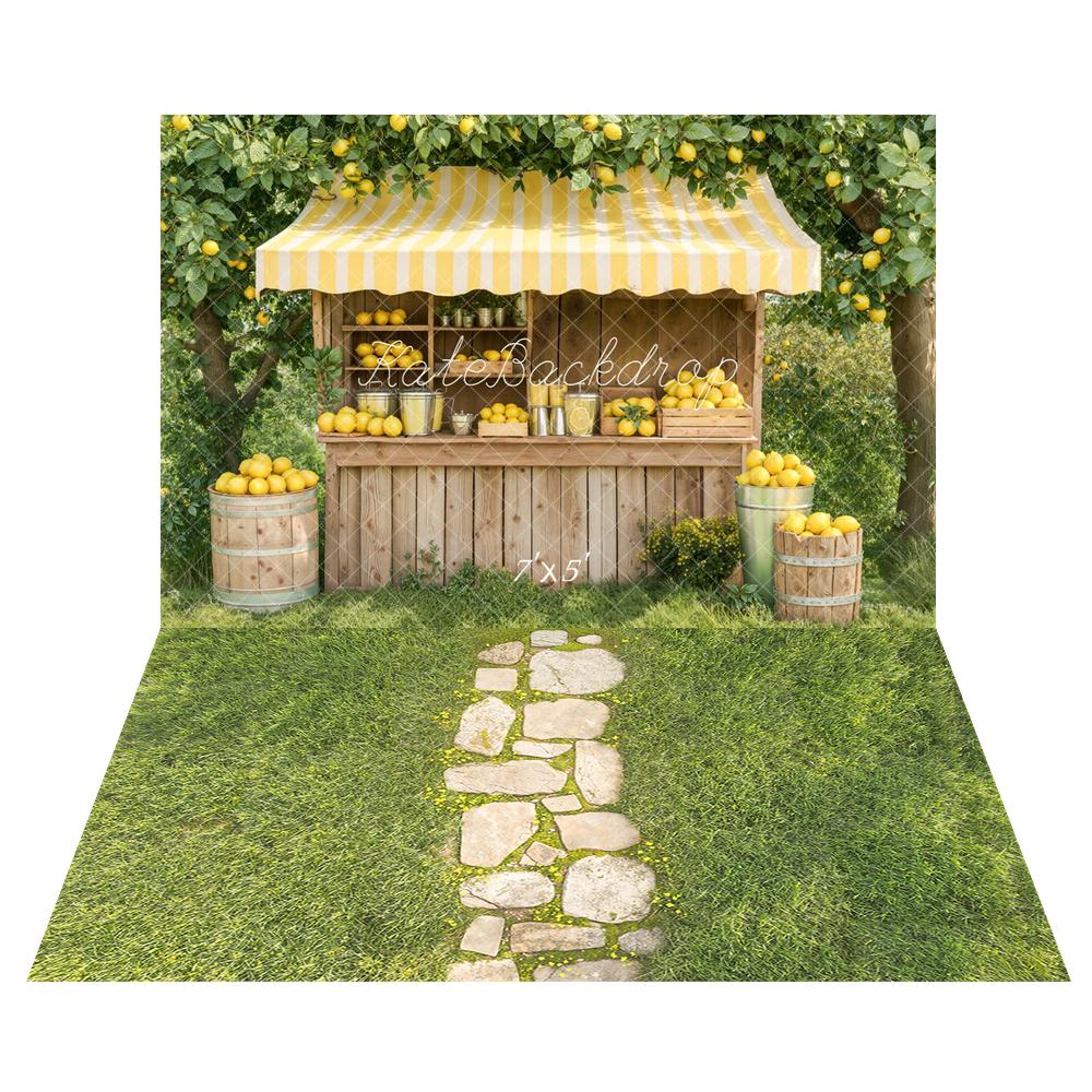 Kate Summer Lemonade Stand Yellow Lemons Trees Wooden Barrels Backdrop+Stone Pathway In Grass Backdrop