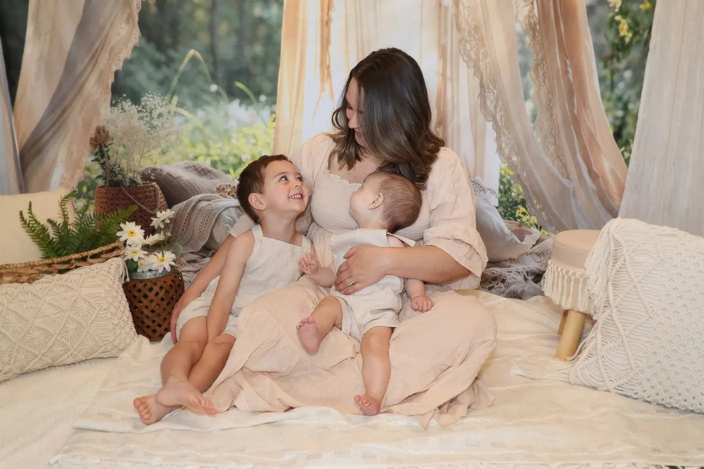 Kate Boho Cream Lace Canopy Picnic Forest Printed Backdrop Designed by Emetselch