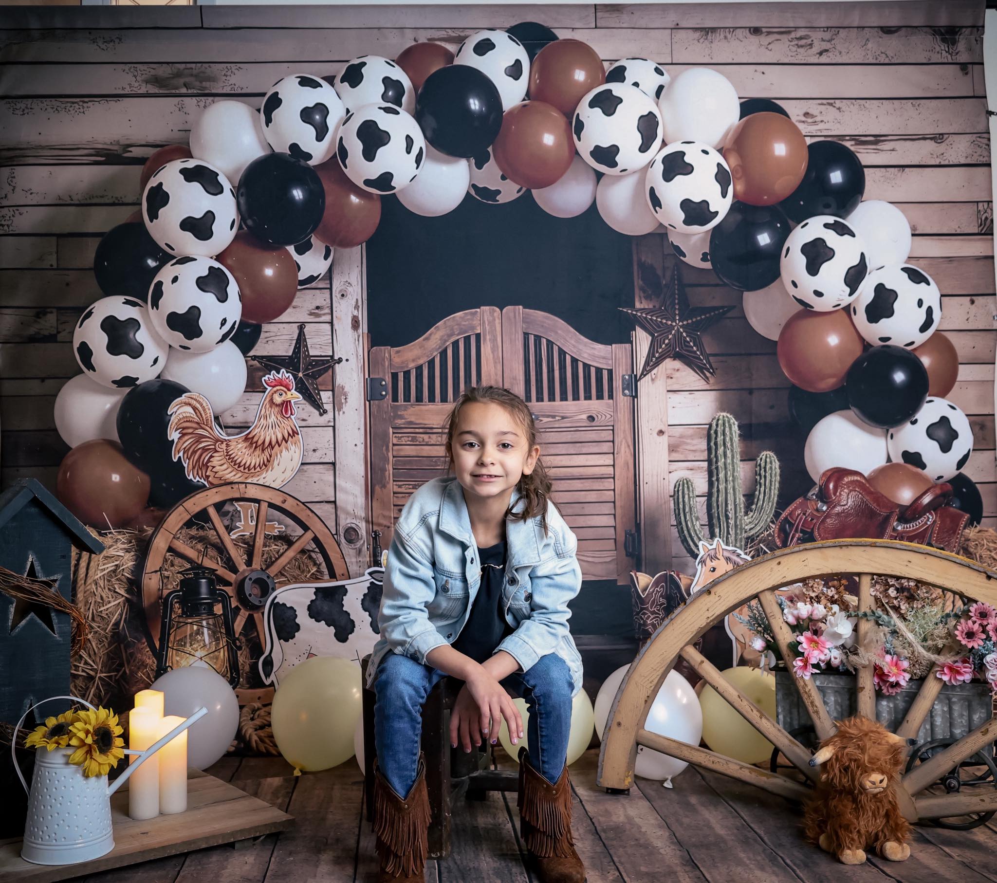 Kate Cake Smash Western Saloon Barn Cow Print Balloon Arch Farm Animals Printed Backdrop Designed by Emetselch