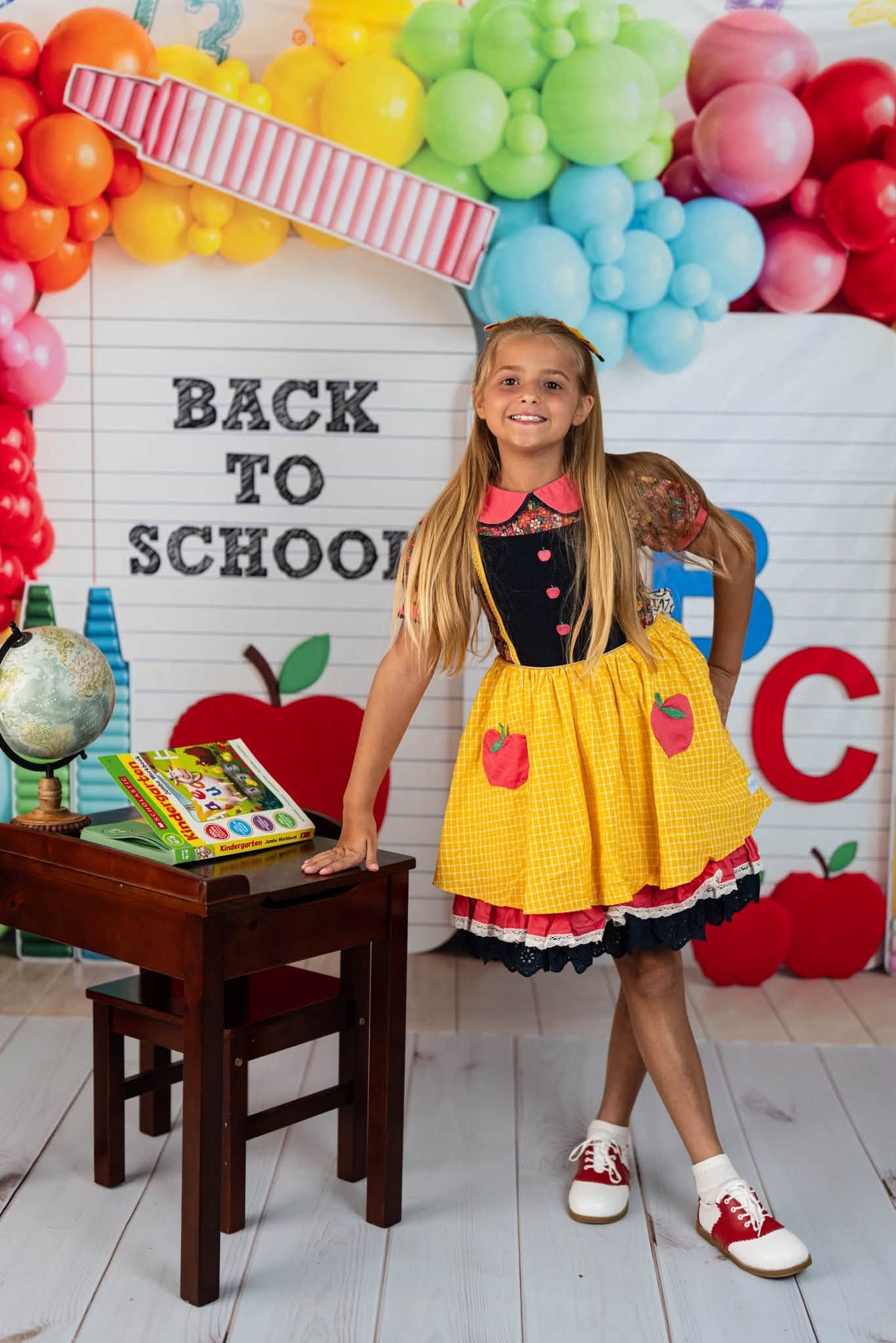 Kate Back to School Rainbow Balloons Crayons Apple Notebook Printed Backdrop Designed by Emetselch
