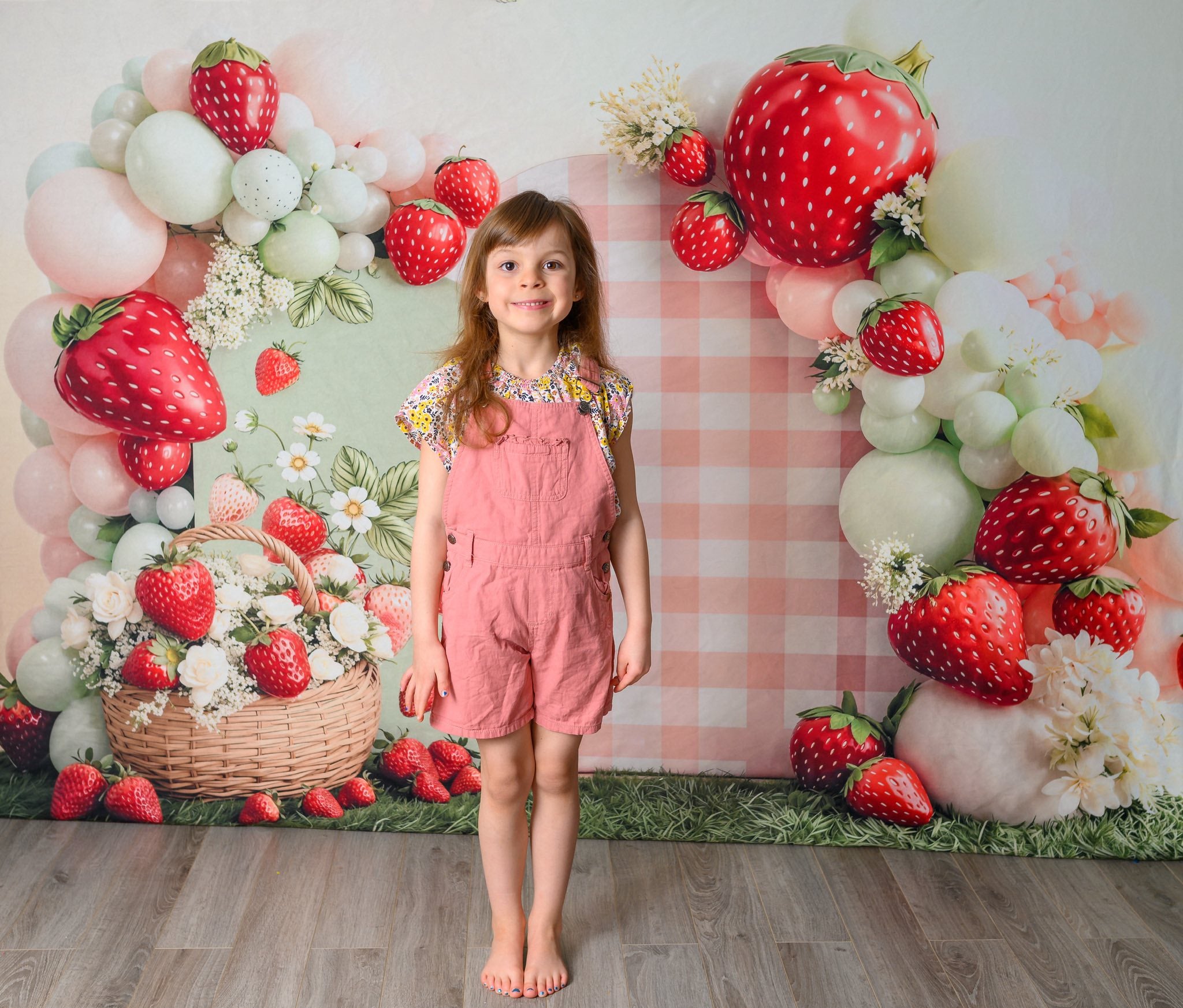 Kate Cake Smash Strawberry Balloon Arch Gingham Basket Flowers Printed Backdrop Designed by Emetselch