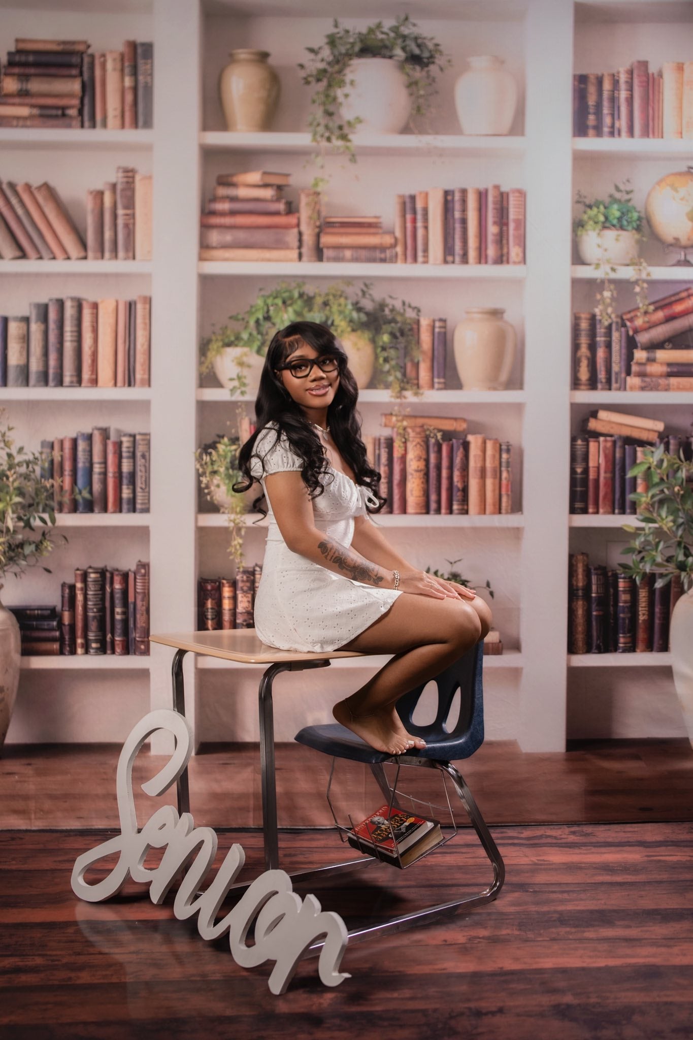 Kate Bookshelf White Shelves Books Plants Vases Printed Backdrop Designed by Emetselch