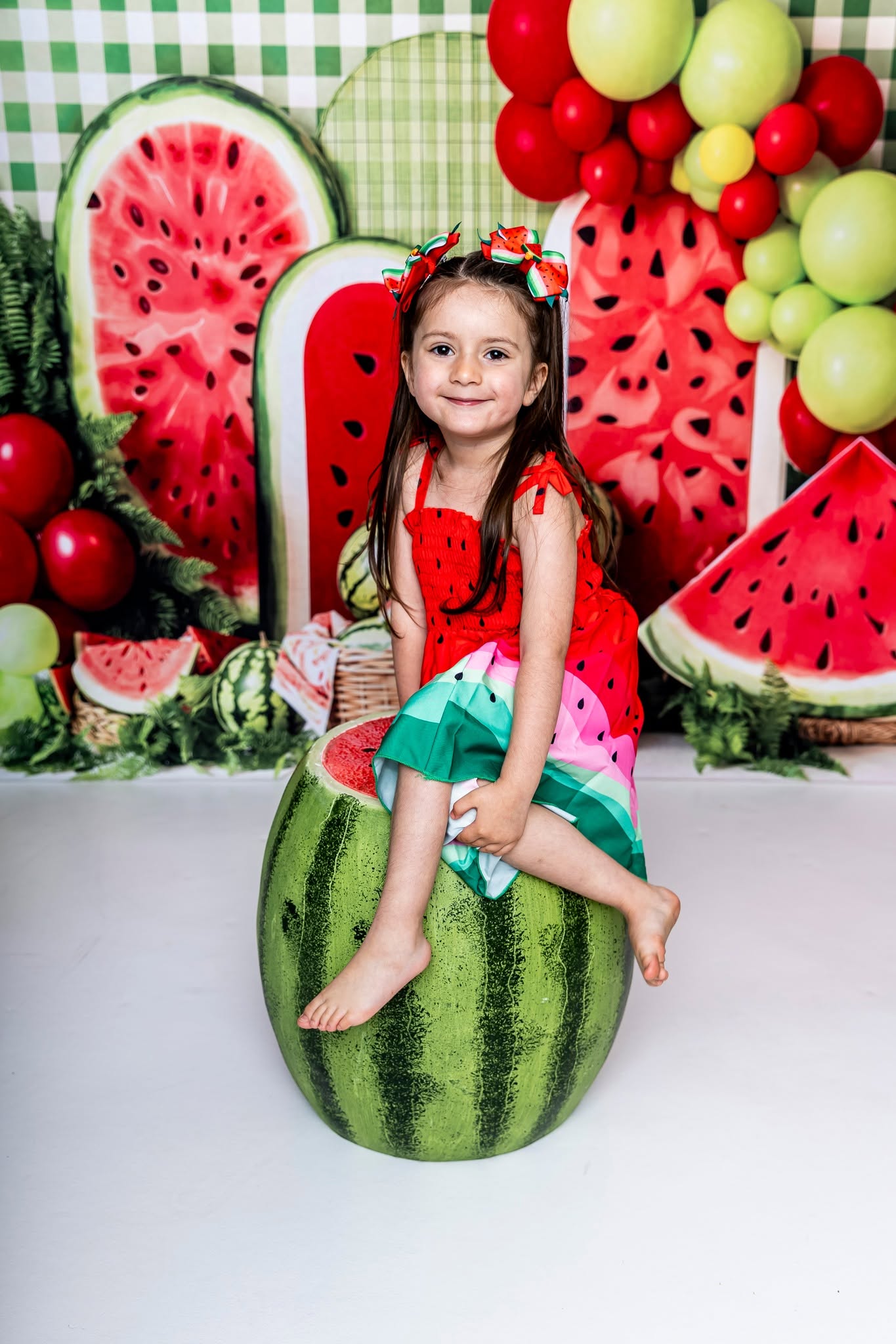 Kate Summer Watermelon Picnic Balloons Green Plaid Printed Backdrop Designed by Emetselch