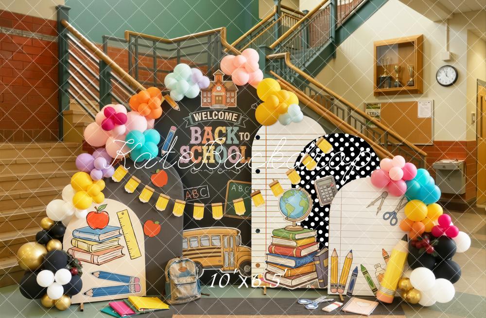 Kate Back to School Classroom Chalkboard School Bus Balloons Notepad Printed Backdrop Designed by Emetselch