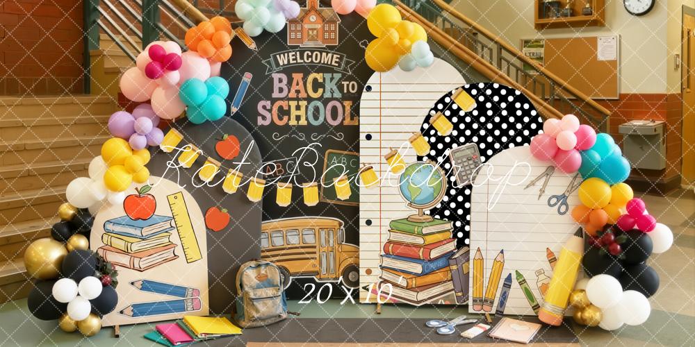 Kate Back to School Classroom Chalkboard School Bus Balloons Notepad Printed Backdrop Designed by Emetselch