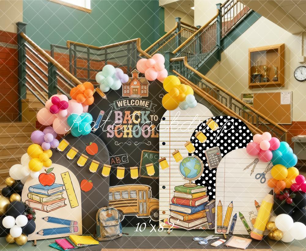 Kate Back to School Classroom Chalkboard School Bus Balloons Notepad Printed Backdrop Designed by Emetselch