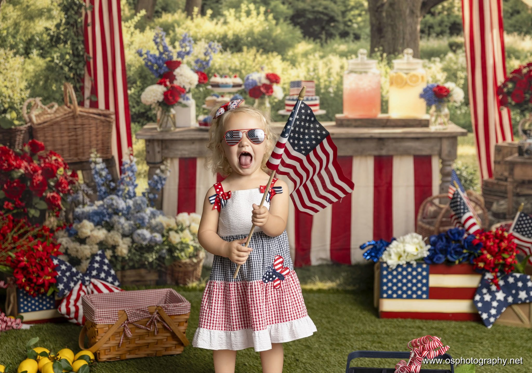 Kate Independence Day Patriotic Picnic Table Red White Blue Flowers American Flags Printed Backdrop Designed by Emetselch