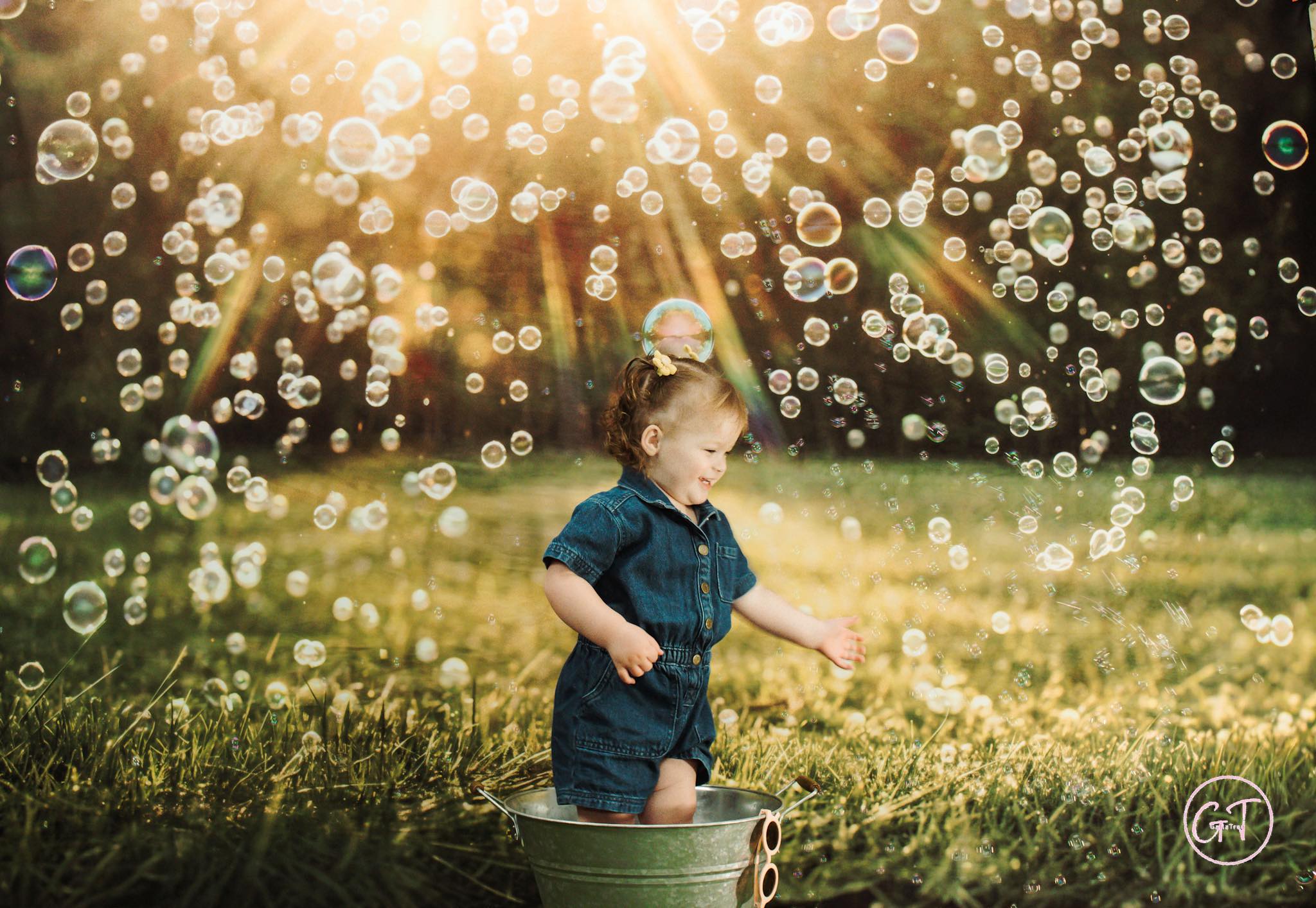 Kate Summer Sunlight Bubbles Grass Printed Backdrop Designed by Emetselch