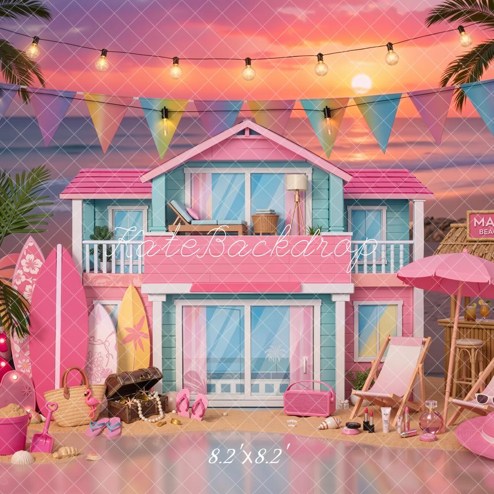 Kate Fashion Doll Malibu Beach House Surfboards Palm Trees Sunset Printed Backdrop Designed by Emetselch
