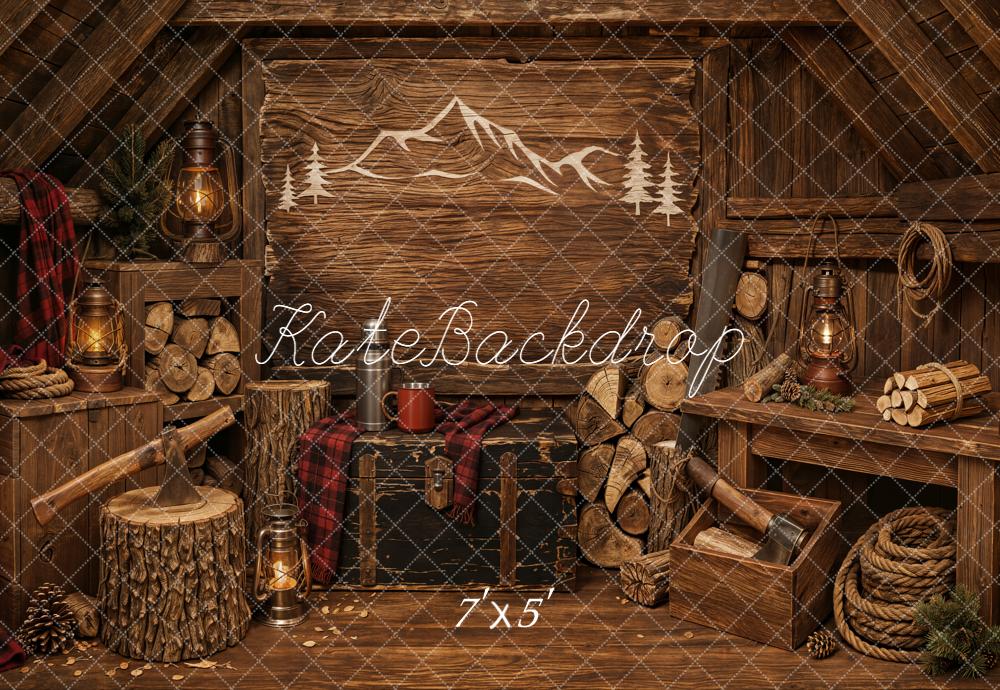 Kate Father's Day Rustic Cabin Wood Logs Lanterns Mountain Printed Backdrop Designed by Emetselch