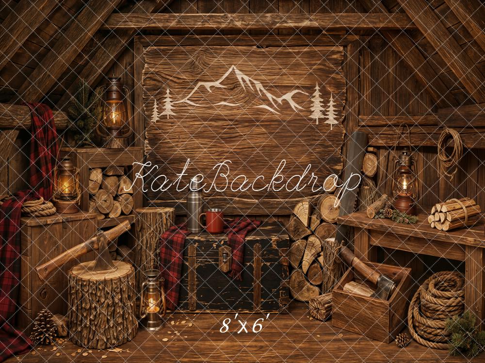Kate Father's Day Rustic Cabin Wood Logs Lanterns Mountain Printed Backdrop Designed by Emetselch