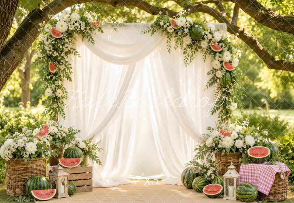 Kate Summer Branch Arch White Drapes Watermelon Floral Printed Backdrop Designed by Emetselch