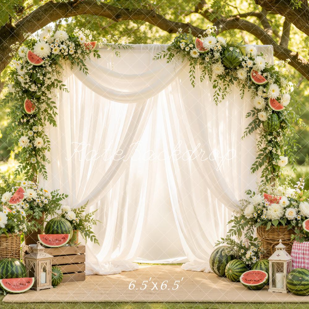 Kate Summer Branch Arch White Drapes Watermelon Floral Printed Backdrop Designed by Emetselch