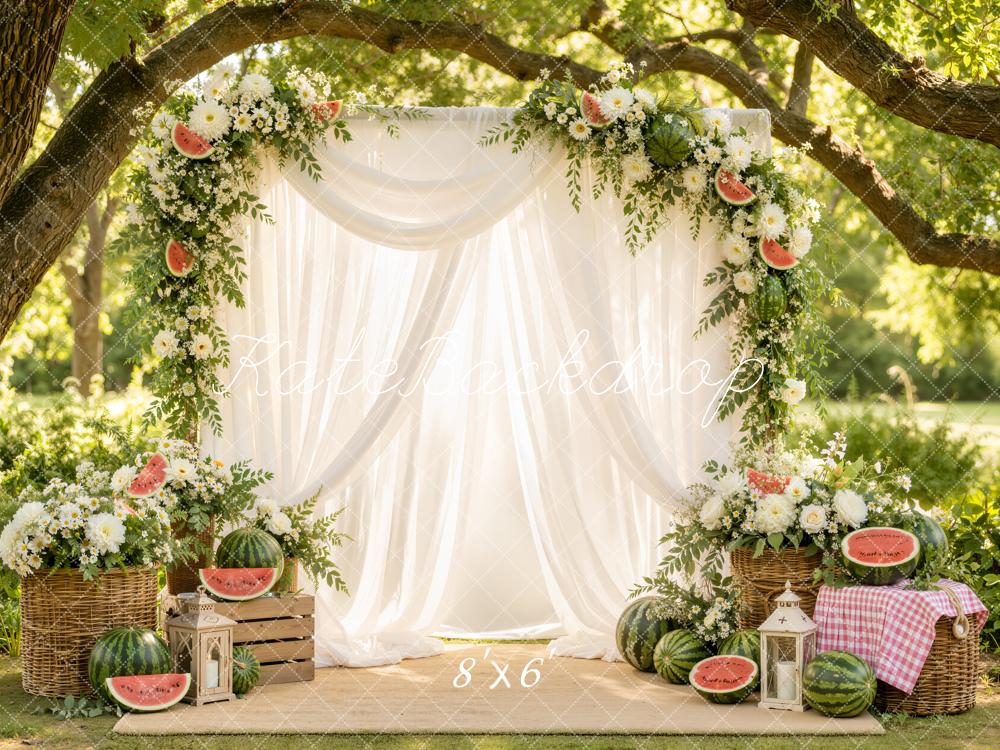 Kate Summer Branch Arch White Drapes Watermelon Floral Printed Backdrop Designed by Emetselch