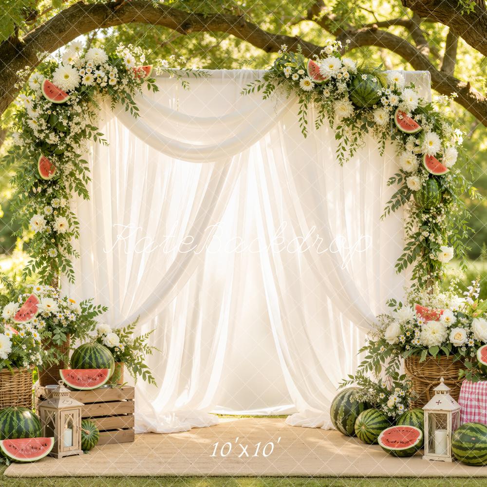 Kate Summer Branch Arch White Drapes Watermelon Floral Printed Backdrop Designed by Emetselch