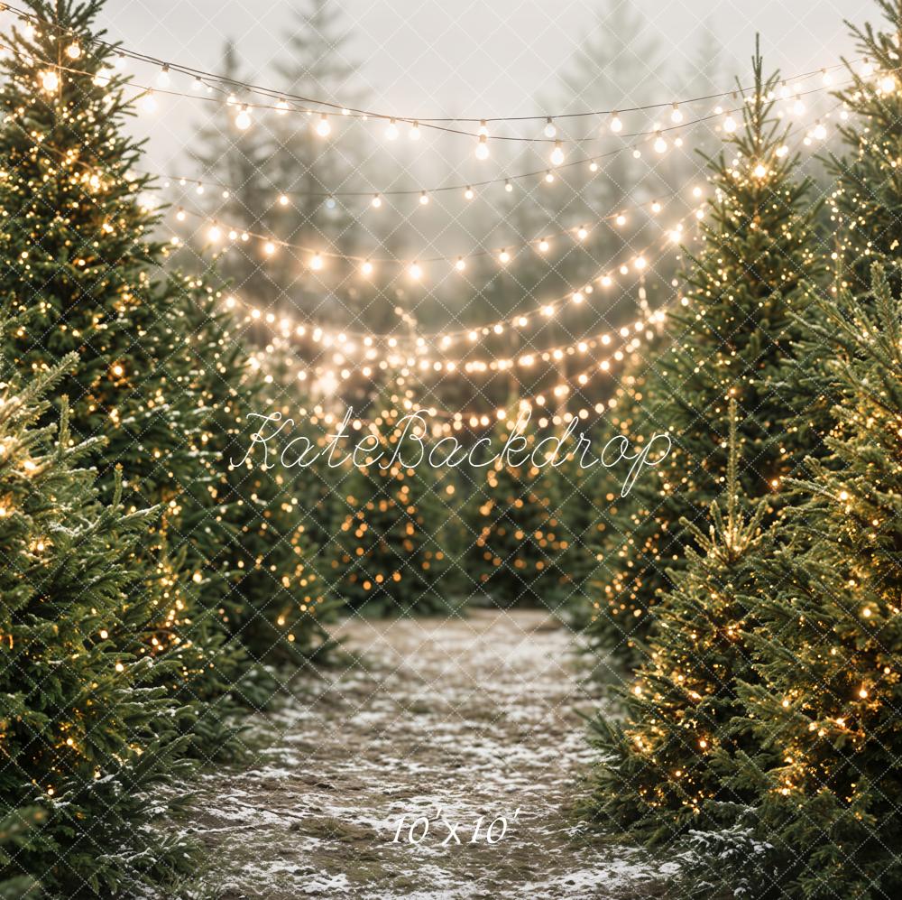 Kate Christmas Pine Tree Forest String Lights Printed Backdrop Designed by Emetselch
