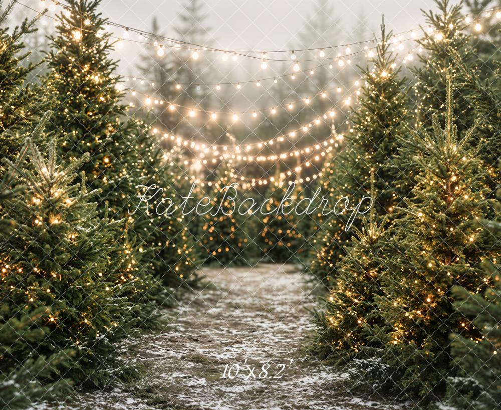 Kate Christmas Pine Tree Forest String Lights Printed Backdrop Designed by Emetselch