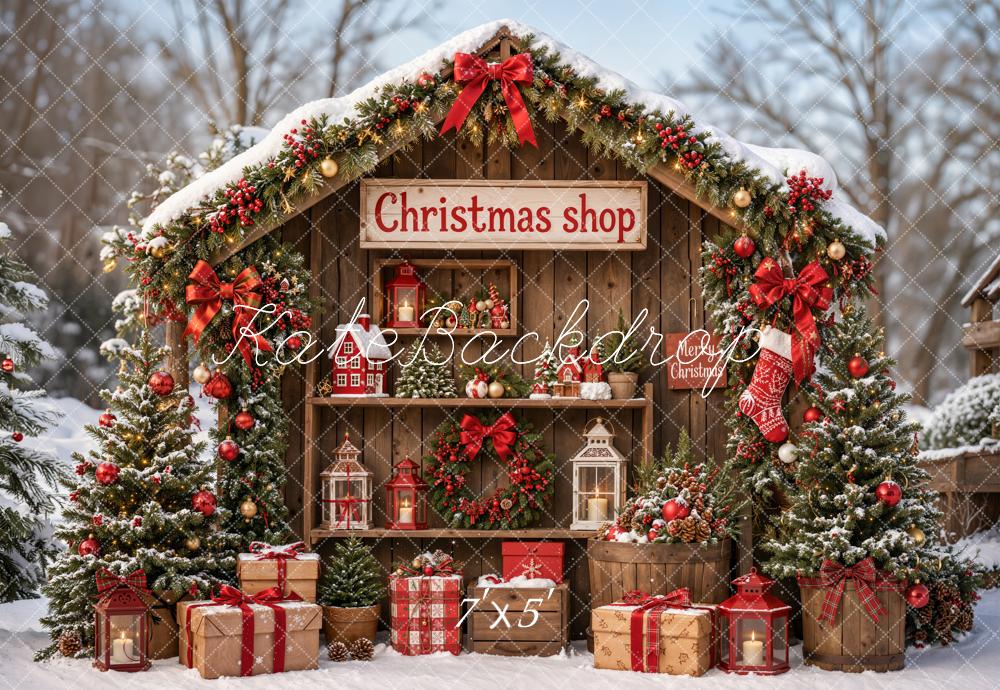 Kate Christmas Shop Rustic Cabin Snowy Trees Gifts Forest Printed Backdrop Designed by Emetselch