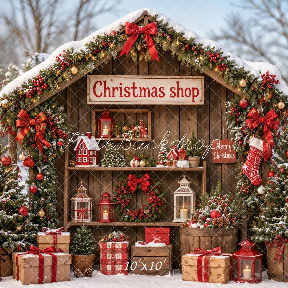 Kate Christmas Shop Rustic Cabin Snowy Trees Gifts Forest Printed Backdrop Designed by Emetselch