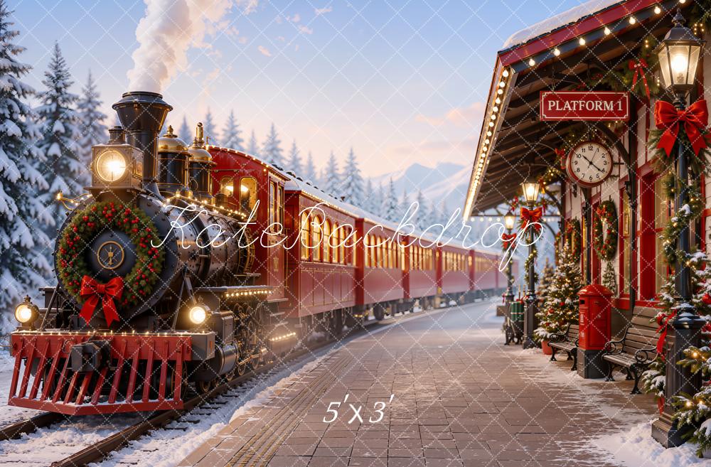 Kate Christmas Red Polar Train Station Snowy Trees Printed Backdrop Designed by Emetselch