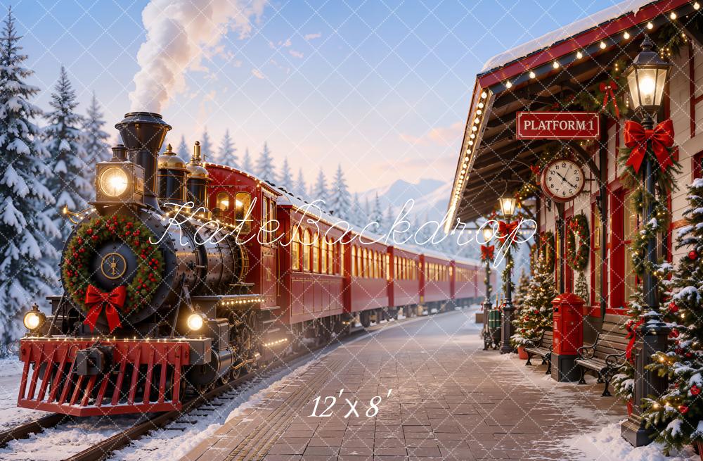 Kate Christmas Red Polar Train Station Snowy Trees Printed Backdrop Designed by Emetselch
