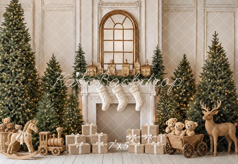Kate Christmas Fireplace Trees Gifts Wood Reindeer Rocking Horse Printed Backdrop Designed by Emetselch