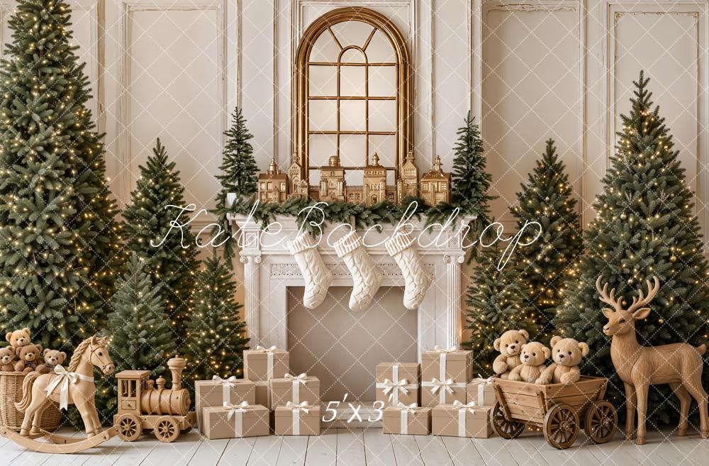 Kate Christmas Fireplace Trees Gifts Wood Reindeer Rocking Horse Printed Backdrop Designed by Emetselch