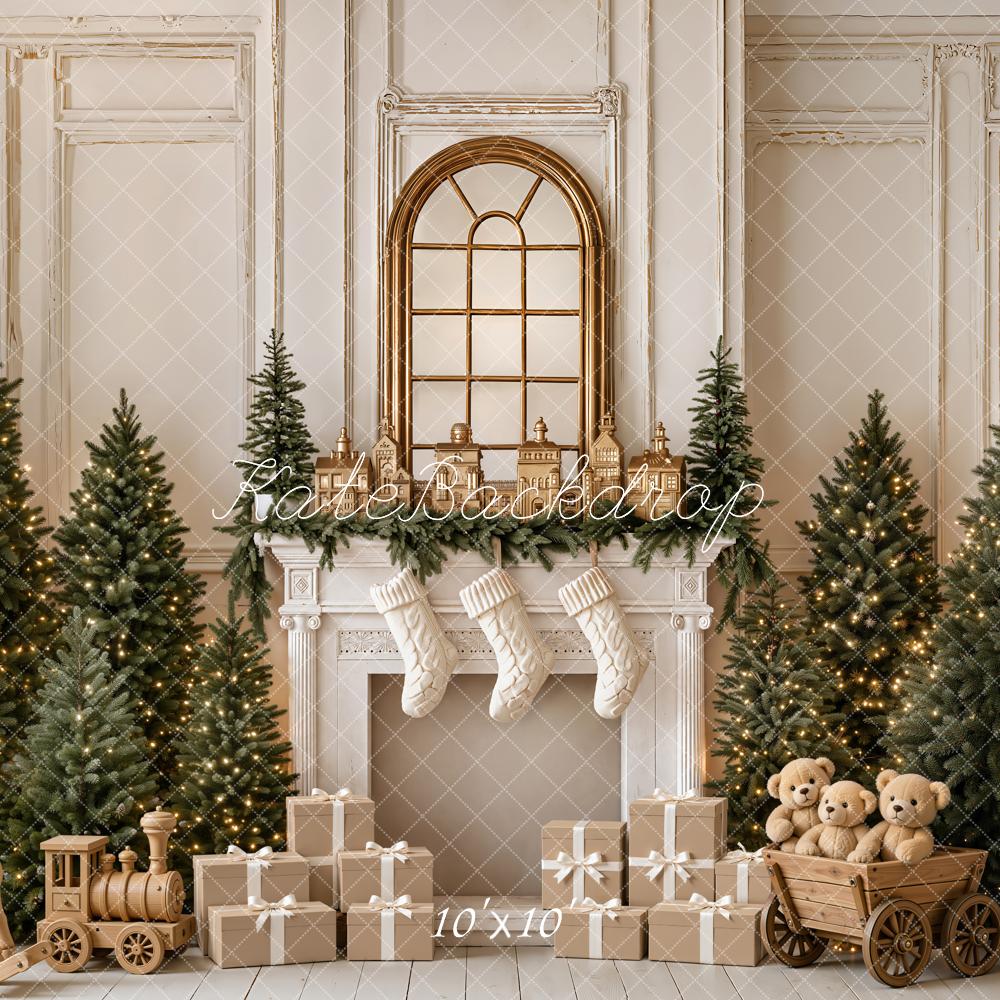Kate Christmas Fireplace Trees Gifts Wood Reindeer Rocking Horse Printed Backdrop Designed by Emetselch
