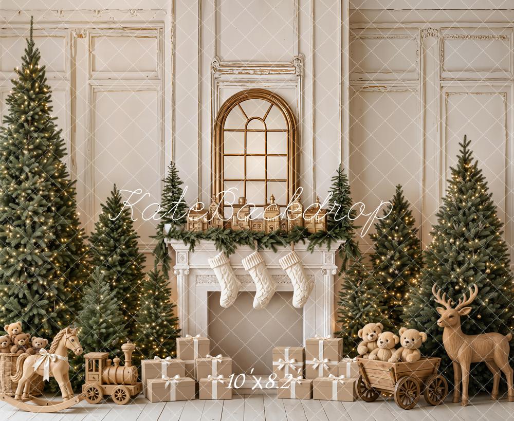 Kate Christmas Fireplace Trees Gifts Wood Reindeer Rocking Horse Printed Backdrop Designed by Emetselch