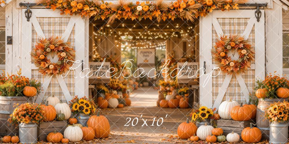 Kate Fall White Barn Pumpkin Harvest Wreath Printed Backdrop Designed by Emetselch