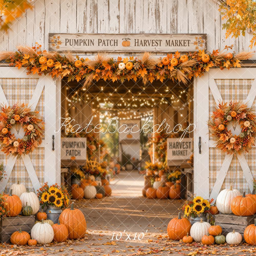 Kate Fall White Barn Pumpkin Harvest Wreath Printed Backdrop Designed by Emetselch