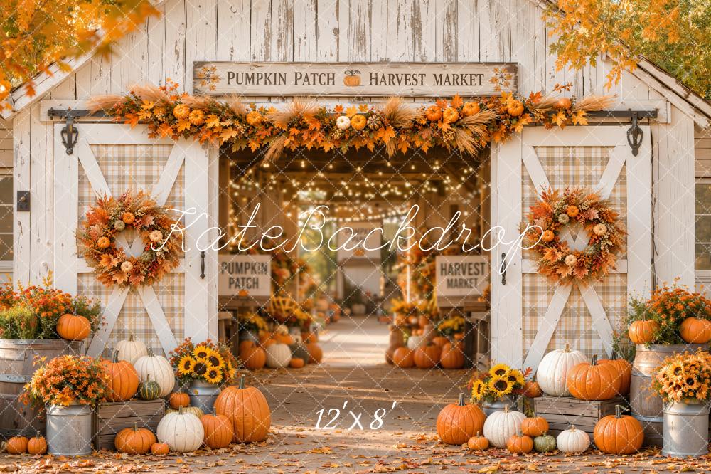 Kate Fall White Barn Pumpkin Harvest Wreath Printed Backdrop Designed by Emetselch