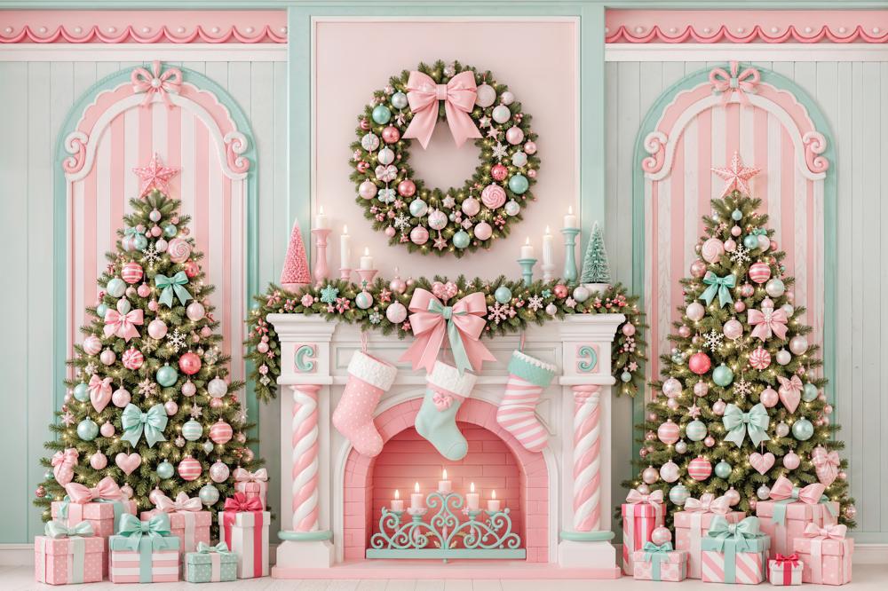 Kate Christmas Pastel Candy Cane Fireplace Wreath Trees Matte UV Printed Vinyl Backdrop