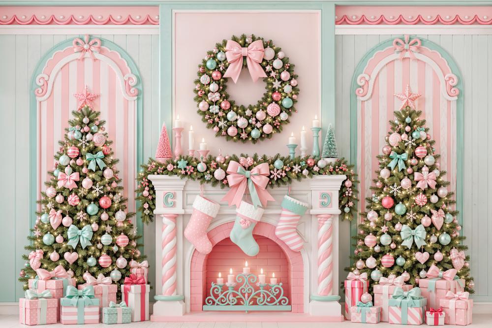 Kate Christmas Pastel Candy Cane Fireplace Wreath Trees Matte UV Printed Vinyl Backdrop