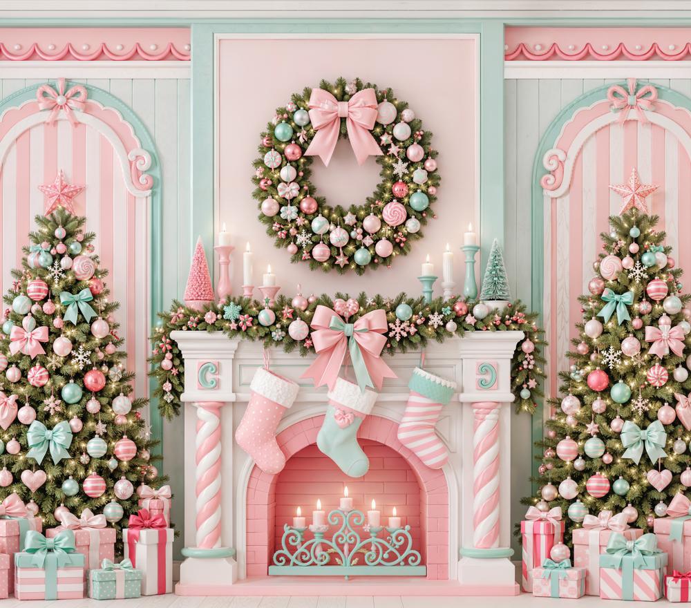 Kate Christmas Pastel Candy Cane Fireplace Wreath Trees Matte UV Printed Vinyl Backdrop