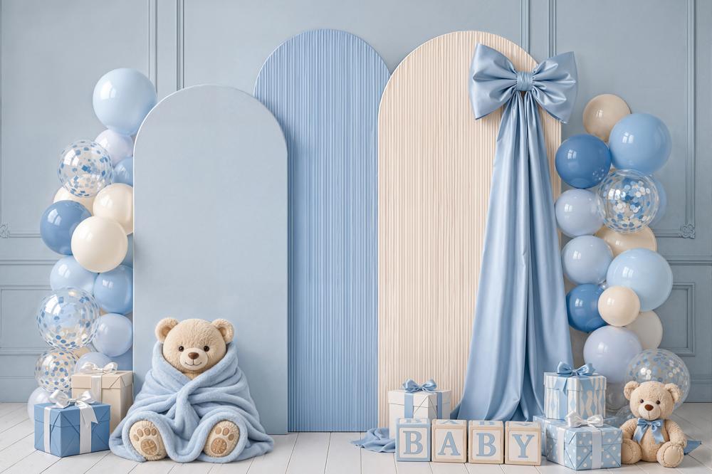 Kate Cake Smash Blue Teddy Bear Balloon Arch Bow Matte UV Printed Vinyl Backdrop
