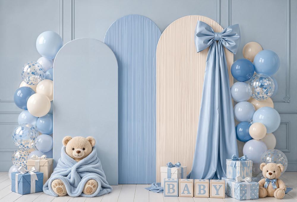 Kate Cake Smash Blue Teddy Bear Balloon Arch Bow Matte UV Printed Vinyl Backdrop