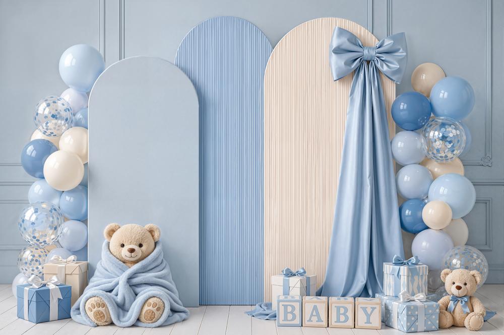 Kate Cake Smash Blue Teddy Bear Balloon Arch Bow Matte UV Printed Vinyl Backdrop