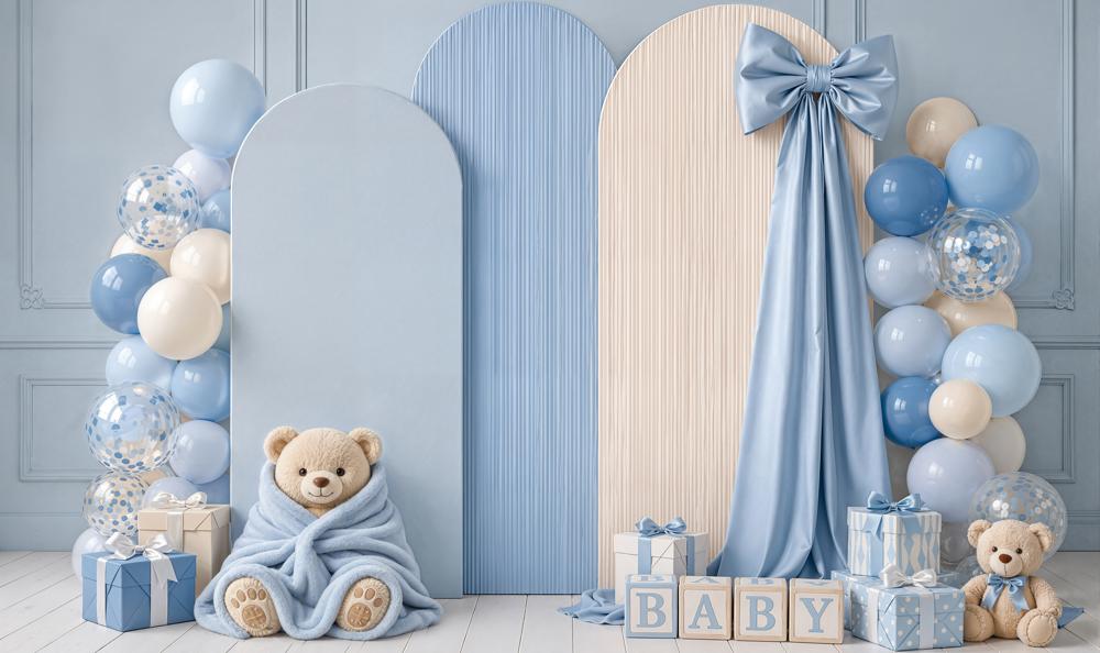 Kate Cake Smash Blue Teddy Bear Balloon Arch Bow Matte UV Printed Vinyl Backdrop