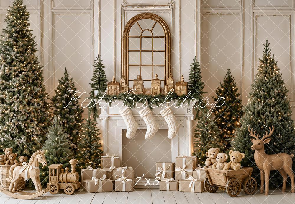 Kate Christmas Fireplace Trees Gifts Wood Reindeer Rocking Horse Matte UV Printed Vinyl Backdrop
