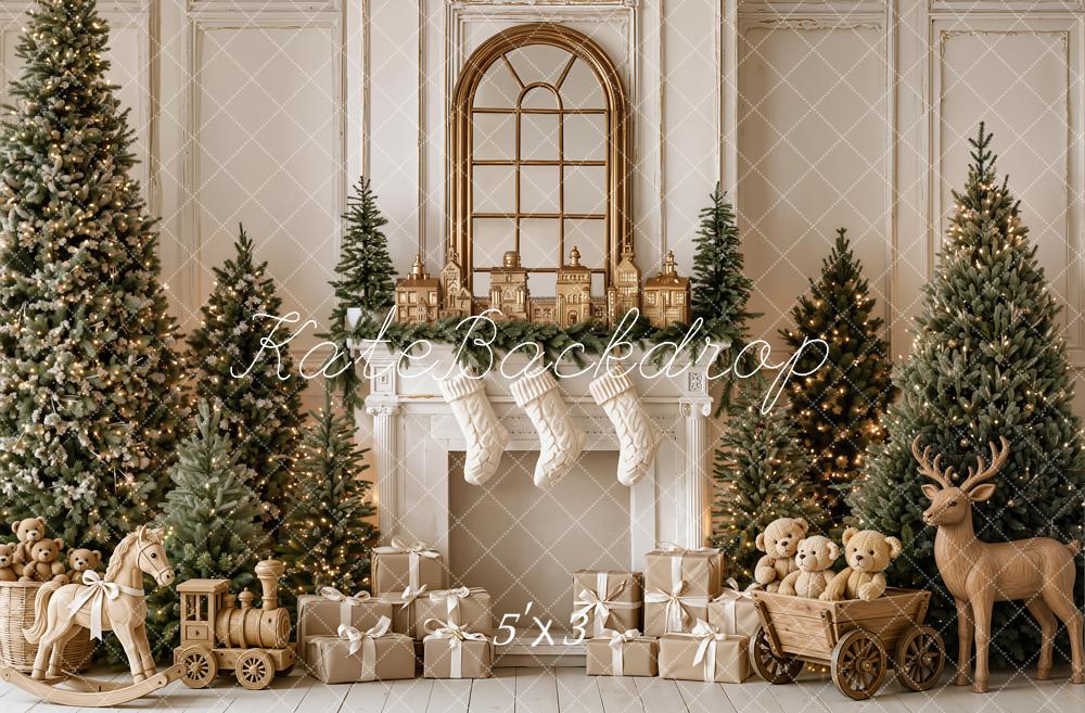 Kate Christmas Fireplace Trees Gifts Wood Reindeer Rocking Horse Matte UV Printed Vinyl Backdrop